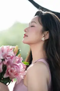 Pure Beauty of a Muse with Pink Lilies: A Peaceful Moment in Nature-0