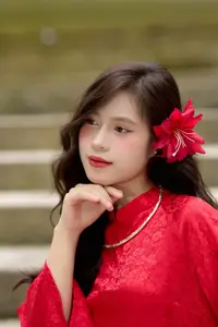 Graceful Vietnamese Beauty: Traditional Ao Dai Adorned with a Vibrant Red Flower-15