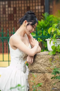 VGU No.3 - Elegant Girl in White Dress Gracing a Lush Green Garden-4