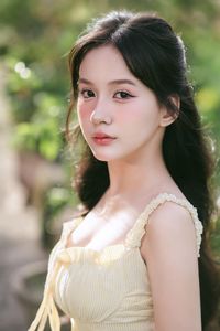 Serene Natural Beauty: Gentle Girl in Cream Dress Amidst Lush Garden-0