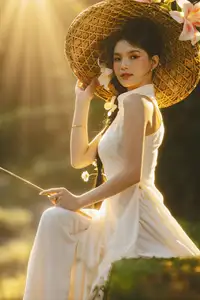 Serene Vietnamese Beauty in White Ao Dai with Lilies: A Golden Hour Portrait 1000025192-1
