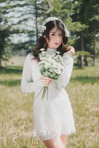Ethereal Beauty: Young Woman in White Lace Dress Amidst Daisy Field Under Summer Sun-11