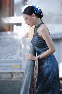 Captivating Asian Beauty: Elegant Woman in Blue Cheongsam with Traditional Fan-3