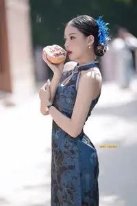 Captivating Asian Beauty: Elegant Woman in Blue Cheongsam with Traditional Fan-7
