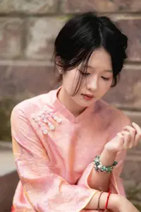 Graceful Asian Young Woman in Traditional Pink Attire: Timeless Beauty by an Ancient Wall-8