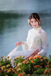 Enchanting East Asian Beauty: A Serene Muse in White Cheongsam under Soft Sunlight by the Lake.-1