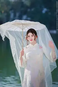 Enchanting East Asian Beauty: A Serene Muse in White Cheongsam under Soft Sunlight by the Lake.-0