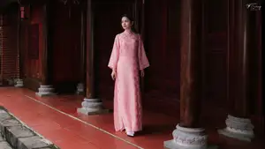 Pink Ao Dai Charm: Discover the Ethereal Beauty of Vietnamese Women in Ancient Heritage Settings.-0