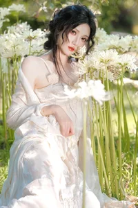Ethereal Beauty in a White Flower Field: A Muse Under the Sun-9