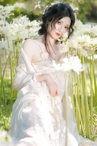 Ethereal Beauty in a White Flower Field: A Muse Under the Sun-6