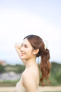XVG No.19: Radiant Bride: Beautiful Woman in Elegant White Gown with a Joyful Smile in Lush Green Setting.-11