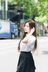 Charming Schoolgirl Embraces Street Style with Classic Uniform.-3