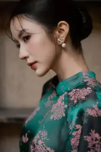 Elegant Asian Beauty: Serene Woman in Modernized Traditional Dress with Vintage Floral Vase-9