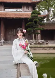 Elegant White Ao Dai with Pink Lotus Flower Embracing Cultural Heritage-11