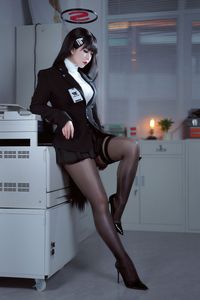 Blue Archive Tsukigami Rion Cosplay by Banbanzi: Alluring Office Uniform & Black Stockings - Tukuku-12