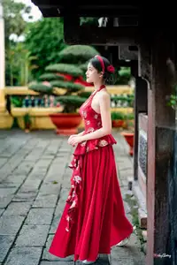 Elegant Asian Beauty in Red Dress Shines Gracefully Amidst a Traditional Garden 1000024509-7