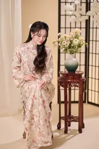 Graceful Vietnamese Woman Unveiled: Elegant Modern Ao Dai with Intricate Floral Patterns-11