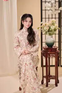 Graceful Vietnamese Woman Unveiled: Elegant Modern Ao Dai with Intricate Floral Patterns-15