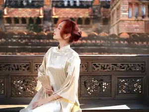 Vietnamese Ao Dai: Graceful Beauty of a Young Woman Amidst Ancient Architecture Under Warm Sunlight-2