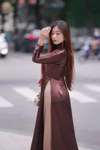 Graceful Brown Ao Dai Beauty on the Street: Modern Vietnamese Elegance-1