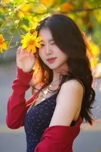 Elegant Asian Girl Portrait with Golden Flowers in Afternoon Sun 1000024552-10