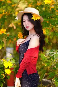 Elegant Asian Girl Portrait with Golden Flowers in Afternoon Sun 1000024552-12