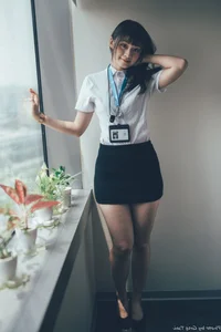 Sophisticated Office Lady Fashion: Ruoying in Elegant White Blouse, Black Pencil Skirt, and Sheer Stockings for a Professional Corporate Look-17