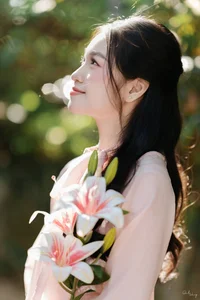 Poetic Beauty in Pink Ao Dai and White Lilies-0