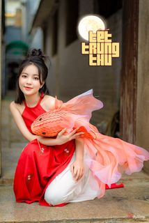 Vietnamese Cultural Beauty: Girl in Red Ao Dai & Traditional Lion Dance Prop-13