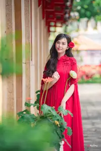 VGU No.188: Captivating Elegance: Vietnamese Beauty in Red Áo Dài with Sacred Lotus Flower.-8