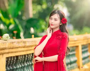 VGU No.188: Captivating Elegance: Vietnamese Beauty in Red Áo Dài with Sacred Lotus Flower.-11