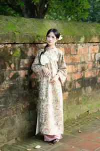 East Asian Traditional Beauty: Gentle Young Woman in Ao Dai with Elegant Wooden Fan-21