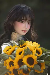 Youthful Beauty: A Gentle Girl Embracing Radiant Sunflowers-0