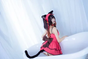 The Enchanting Charm of JiuQuJean as Neko Kurumi in Vibrant Red-1