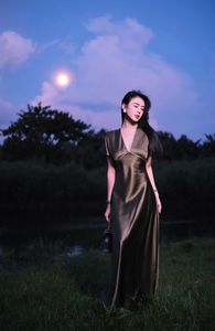 Enigmatic Beauty Under Full Moonlight: Woman in Elegant Silk Gown, A Dreamlike Night Moment.-6