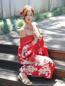 Jin Yun Xi Yuki: Enchanting Beauty in a Fiery Red Kimono, Captivating Every Gaze - XiuRen No.10683-2