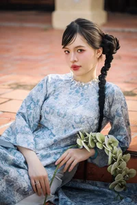 Timeless Grace in Blue Floral Ao Dai and Ancient Architecture-4