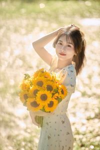 Charming Beauty with Sunflowers in a Natural Landscape-2