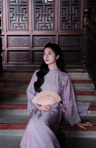 Ethereal Grace in Lavender Ao Dai Amidst Ancient Architecture-4