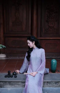 Ethereal Grace in Lavender Ao Dai Amidst Ancient Architecture-2