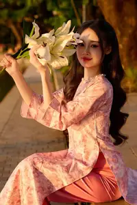 Gentle Vietnamese Beauty: Pink Ao Dai by the Lake, with Pure Lilies-13