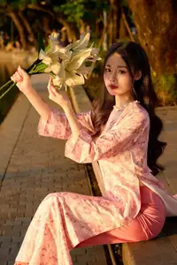 Gentle Vietnamese Beauty: Pink Ao Dai by the Lake, with Pure Lilies-10