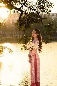 Gentle Vietnamese Beauty: Pink Ao Dai by the Lake, with Pure Lilies-12