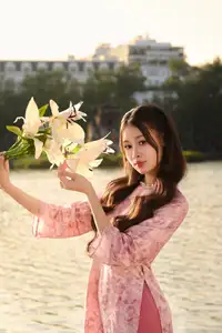 Gentle Vietnamese Beauty: Pink Ao Dai by the Lake, with Pure Lilies-7