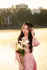 Gentle Vietnamese Beauty: Pink Ao Dai by the Lake, with Pure Lilies-4