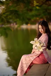 Gentle Vietnamese Beauty: Pink Ao Dai by the Lake, with Pure Lilies-0
