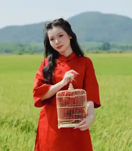 Discover the Serene Beauty: Vietnamese Girl in Red Ao Dai Amidst Green Rice Fields-7