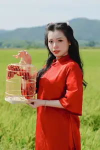 Discover the Serene Beauty: Vietnamese Girl in Red Ao Dai Amidst Green Rice Fields-21
