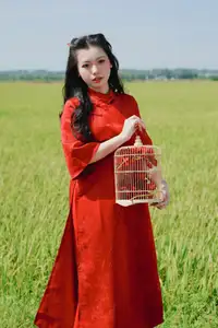 Discover the Serene Beauty: Vietnamese Girl in Red Ao Dai Amidst Green Rice Fields-10