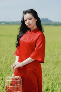 Discover the Serene Beauty: Vietnamese Girl in Red Ao Dai Amidst Green Rice Fields-4